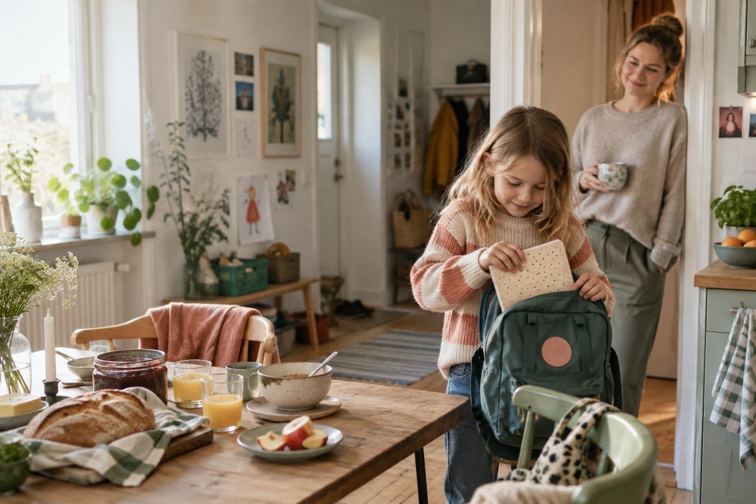 A child packing a school bag while a parent looks on